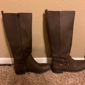 Brown below the knee boots.